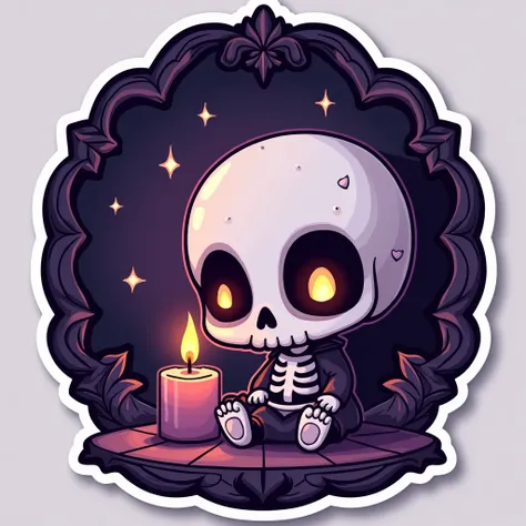 Create a cute spooky gothic sticker-style illustration for a Twitch panel. The design should feature a small, adorable skull with glowing eyes, sitting next to a flickering candle. The skull should have a whimsical, playful vibe, with soft, rounded feature...