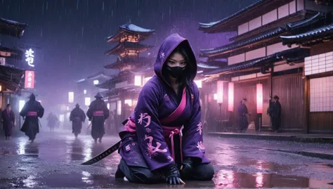 8k,masterpiece,best quality,when no one is around,a female ninja wearing a stylish and cute ninja hoodie geisha style showing of...