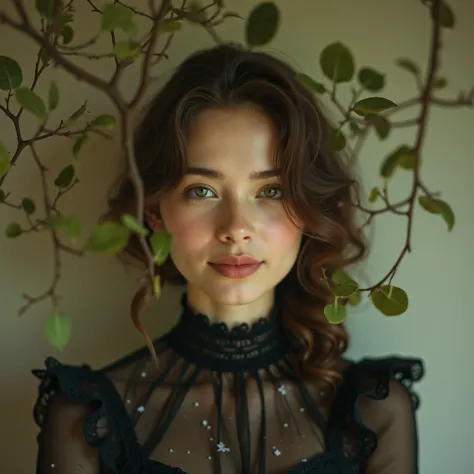 Surreal portrait, vintage aesthetic, dreamy atmosphere with muted tones of brown, green and beige. The scene is softly covered by thin intertwined branches with green leaves reflected on the glass and casting shadows on the face of a woman standing behind ...