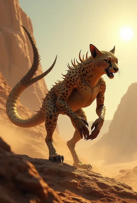 A hybrid of a scorpion and a cheetah, poised on a rocky outcrop in the desert. Its body is sleek and fast like a scorpion, but with a long, menacing cheetah tail that flicks back and forth. Its eyes are cold and calculating, and its posture exudes readines...