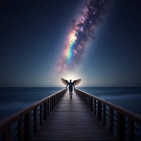 ultrarealistic , cinematic , wide angel , the center of the image is a pier from wood, long  , with railings on both sides , the pier is leads to the universe, below the pier (((2.0)))  is  stars and the Milky Way , in the end of a pier a man is standing t...