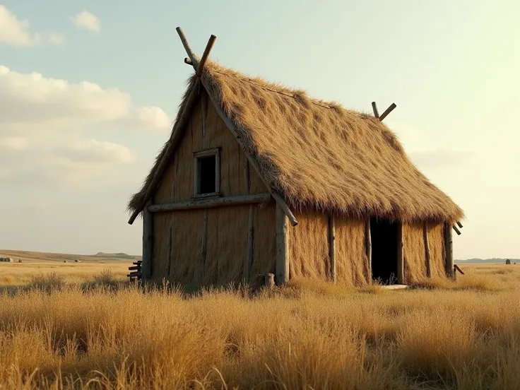  High definition photograph of a 19th century landscape , showing a large shed in the middle of the landscape. The large shed has a roof covered with dry straw .  The shed has only one wall in the back made of dry straw.  The sides of the shed are open and...