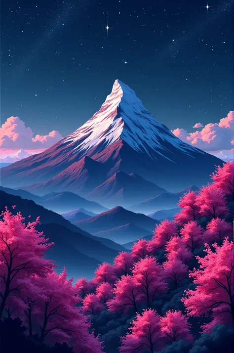 pixelated starry sky over a mountain that was pink leaf trees on it