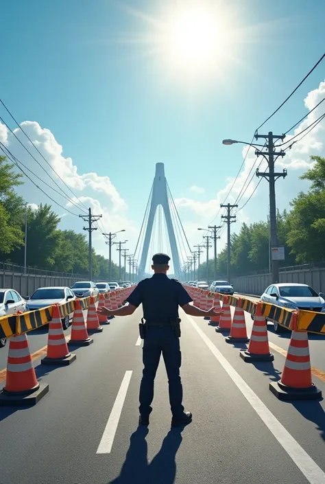 Taken from an oblique sky in front of you 、 Rainbow Bridge road in Daiba, Tokyo :1.5、 block the Rainbow Bridge road with black and yellow cone bars, pylons, colored cones, and tiger tape and stop the road:1.5、 police officer facing the car with open hands ...