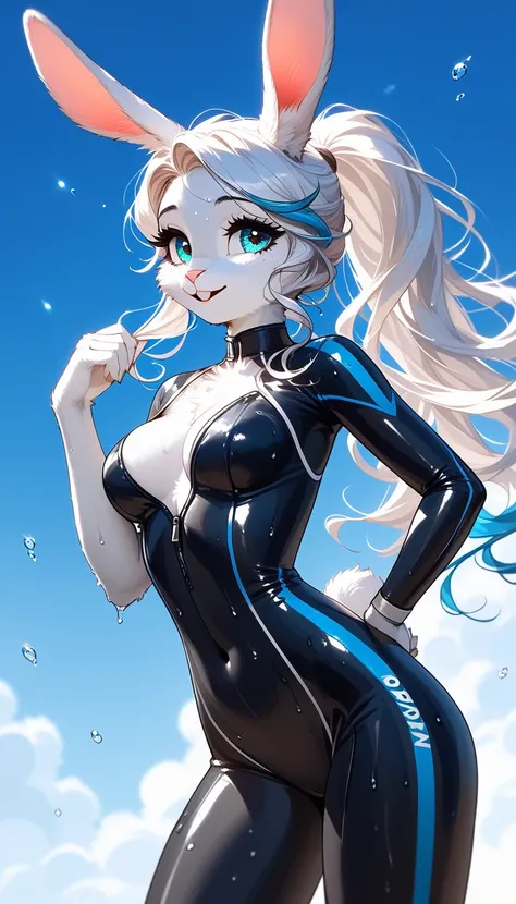 core_9,score_8_up,score_7_up, source_furry, ( bunny, Anthro furry bunny girl, adult female, ) beautiful anthropomorphic white bunny woman, she has long white curly hair, white hair with blue highlights at their tips, ponytail, and blue sparkling eyes, she ...