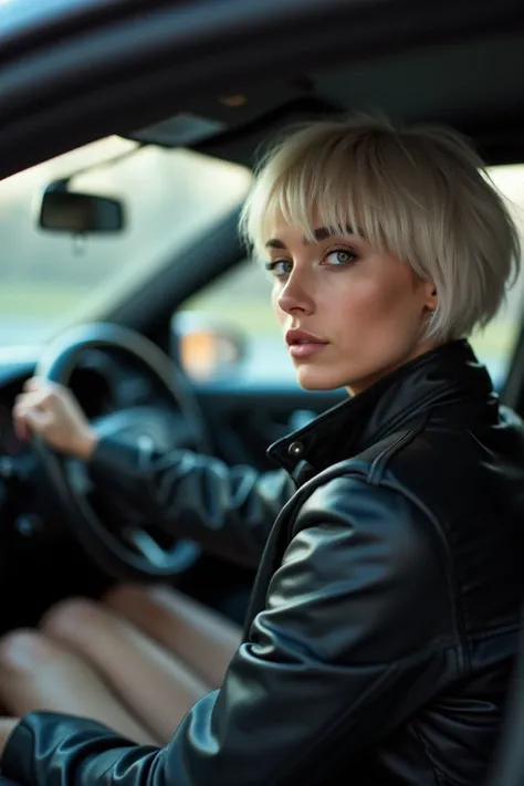 masterpiece,   Best quality, 8 thousand..   photorealistic shot  .   ,   is driving a car looking at  ,  ,  that people look at through the front window.     dressed in a leather jacket over her naked body . A 25-year-old Russian girl , Short white hair