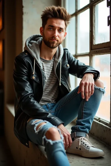 A fashionable young man with medium spiked light brown hair, styled neatly. In one scene, he is wearing a leather jacket with a hoodie, paired with a striped T-shirt, ripped jeans, and sneakers, sitting casually by a rustic window in an industrial loft set...