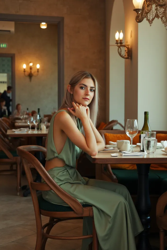 evaelfie, sitting in a restaurant