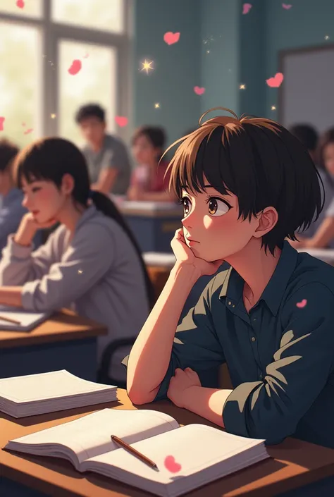 A college boy admiring his crush secretly while his crush is unaware that the boy is watching her in a classroom full of students. The class is going on ..anime 