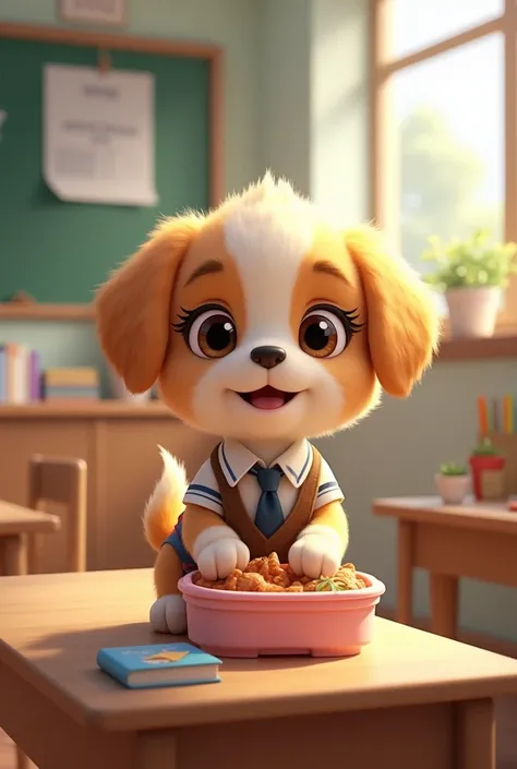 cute puppy in school uniform eating lunch  in classroom