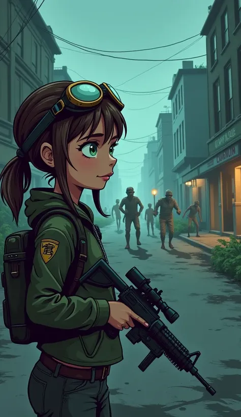 Girl with a brave face ,  wearing old airplane pilot glasses on her forehead and headband ,  holding a futuristic weapon and looking at some zombies that are far away near a city almost overgrown and with vegetation sprouting in some places on the asphalt....