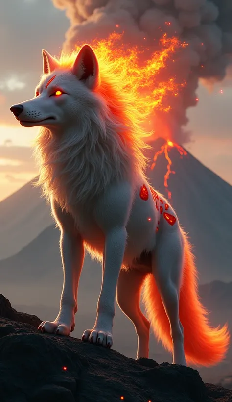 Create a hyperrealistic animal, national geographic style, based on a wolf with a criniera made of fire. It white and red, with some light grey. Very fierce, standing in front of a volcano.