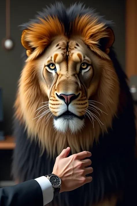 Lion face The hand of a man in a classic suit sits in a luxury office in front of a computer