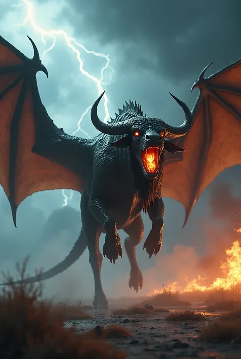 A hybrid between a buffalo and a dragon, flying over a storm-ravaged plain. The creature has the massive, muscular body of a buffalo, but with enormous dragon wings that stretch wide. Its eyes are glowing with fiery energy, and flames emerge from its nostr...