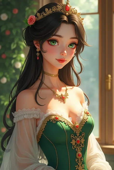 Create a beautiful young woman dressed in royal clothing,  Like a princess ,  that he has dark brown hair , white skin and green eyes with straight hair and a semi-realistic anime style
