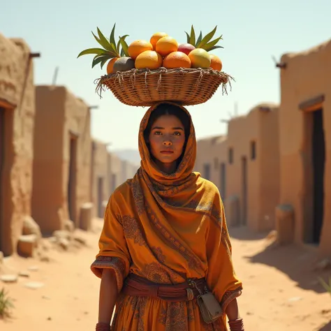 
5. "A  with a scarf wrapped around her head, balancing a basket of fruits on her head, walking through a desert village with mud houses
In HD higher quality and realistic too much 