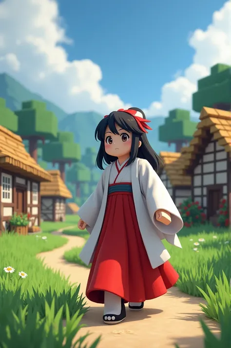 Player character in miko costume in Minecrafts Plain Village. A masterpiece, top quality.