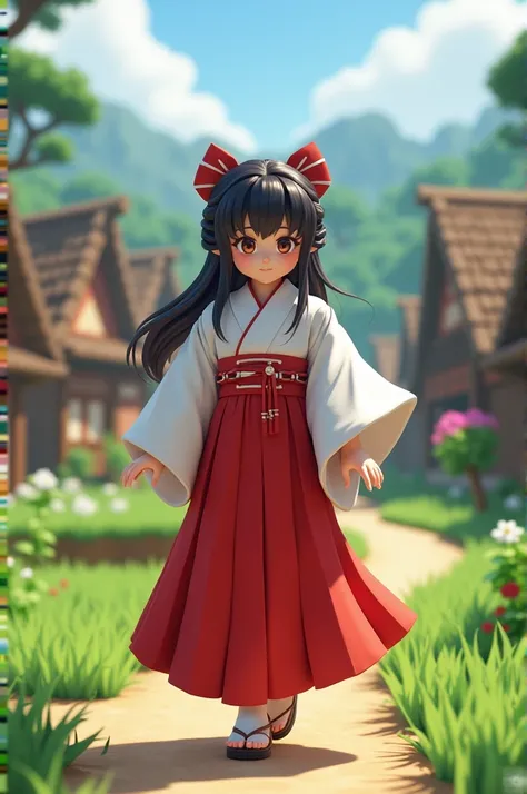 Player character in miko costume in Minecrafts Plain Village. A masterpiece, top quality.