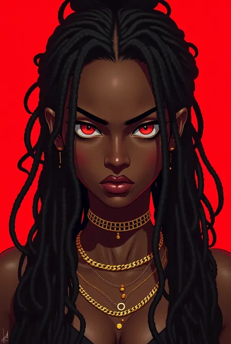 Anime style black women red eye looking 18years old with dreads, lookin angrily stoic. Red bacground. Very good looking with golden chains like the black panther