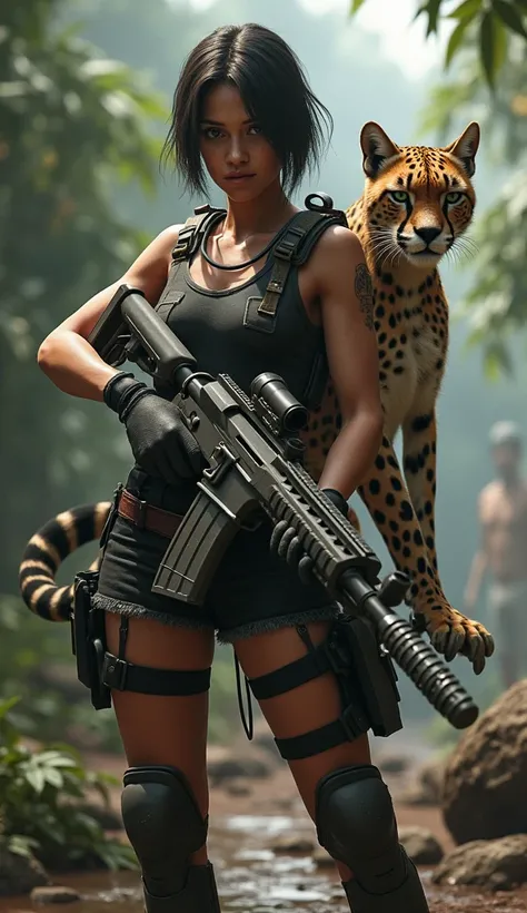 Create an ultra realistic image --ar 9:16 of the character “Kelly” from “Free Fire”, dressed with all the characteristics of the game, with a “Cheetah”, “Fused” with a machine gun. The scene takes place in the game environment. --ar 9:16 --q 2.