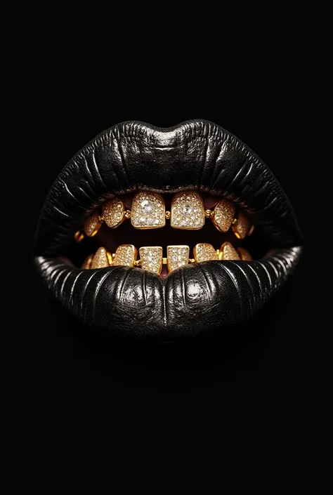 Lips View:a Baddie Black and golden and whtire  Diamond Rhinestone Godlen Louis Vuttion Lipstick, with gloss,a diamond chain on teeth that say, AsianLo, black background Open Mouth,  with golden grills 