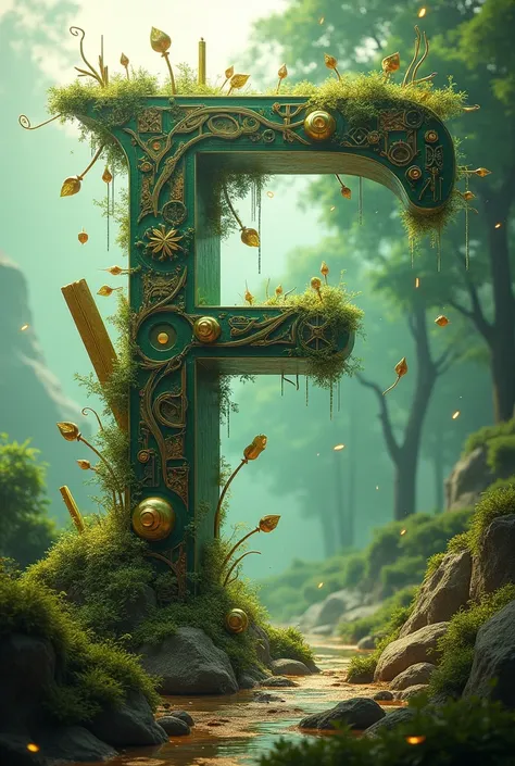 F letter with symbol forms on the middle, green sunshine. Solid coin form. Crystal, diamond, gold bar with green contours. Earth and tree foggy form. Future steel shine.