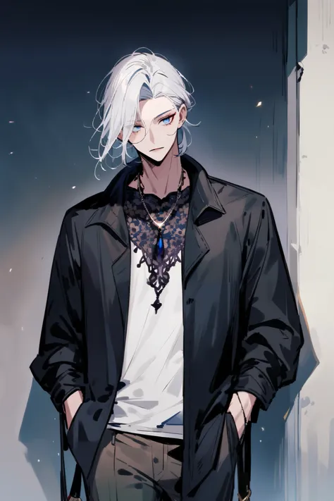 man, White hair,  blue eyes, Mysterious , Decadent Beauty, casual look