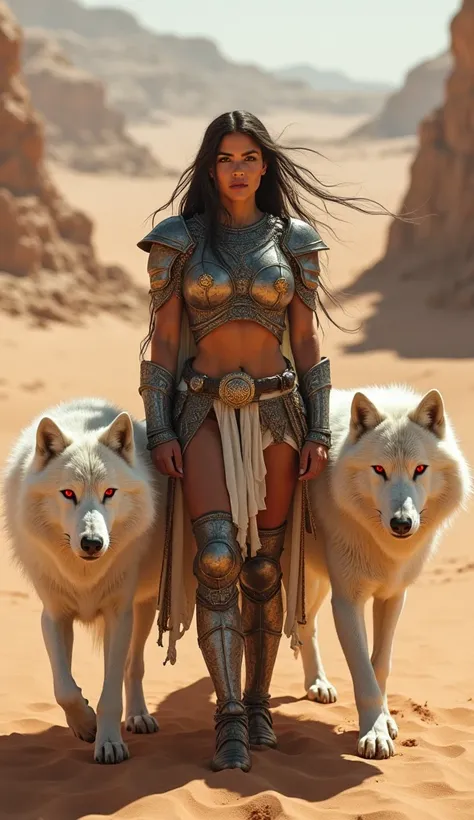 beautiful female warrior coming with two white wolves with red mascot eyes at her side in a beautiful desert