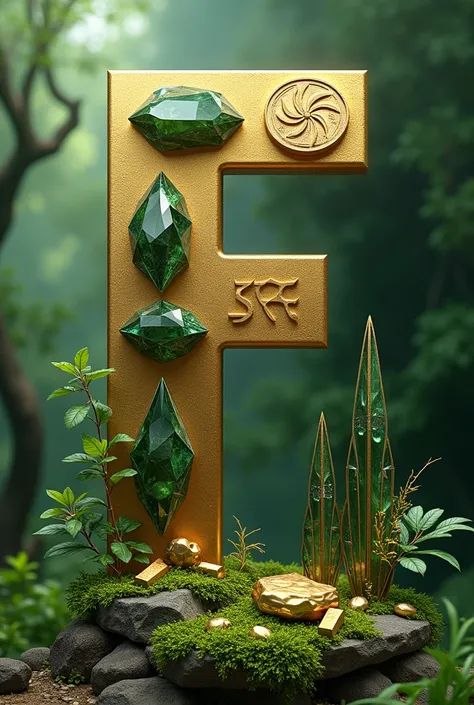 F letter with symbol forms with tree shape. Green sunshine. Solid coin form. Crystal, diamond, gold bar with green contours. Earth and tree foggy form. Future steel shine.