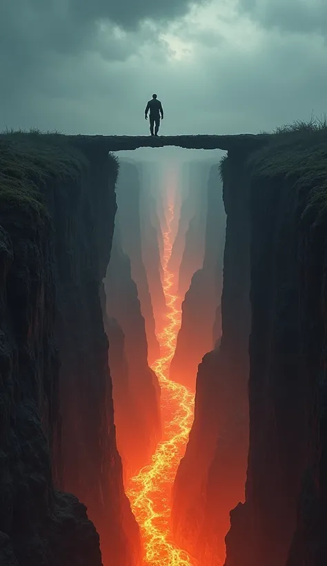  man almost falling into an abyss ,  hes crossing a bridge ,  actually ,  hes crossing a narrow path ,  have nothing to hold on to ,  hes just walking looking ahead ,  because if he falls anywhere ,  will surely die because of the abyss that awaits him,  a...