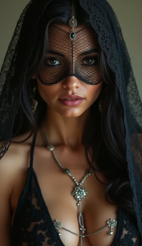 Sexy arabian girl, net mask, revealing, solid background