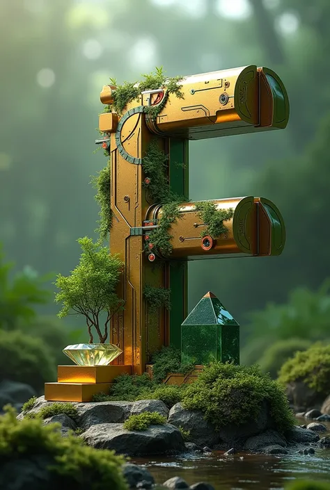 F letter with symbol forms with tree shape. Green sunshine. Solid coin form. Crystal, diamond, gold bar with green contours. Earth and tree foggy form. Future steel shine.