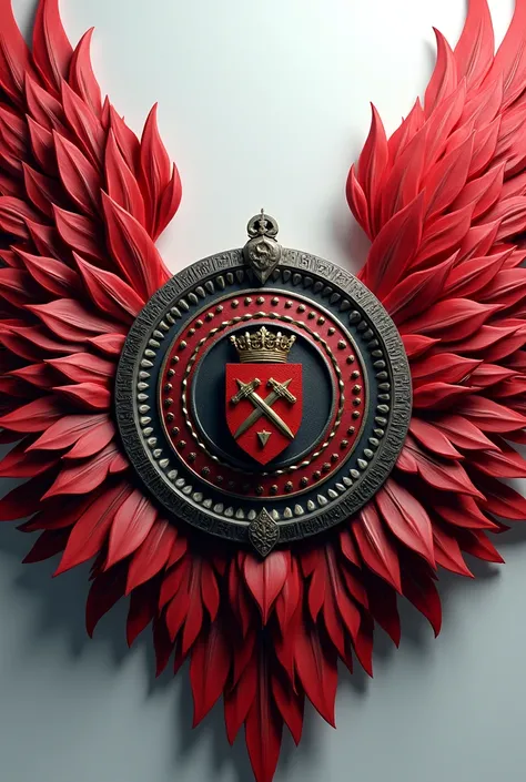 In a circle some wings with feathers with red and cherry in 3d and in a small circle in the middle of the lower part that has a figure of a shield with swords and a royal crown 