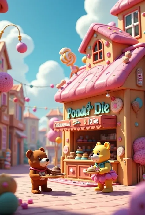 " Little Bear Puff and his friend Tigrão in a magical setting of a city made of candies .  The streets are paved with chocolate bars ,  the buildings are made of stuffed cookies and caramel roofs ,  and colorful lollipop poles illuminate the environment . ...