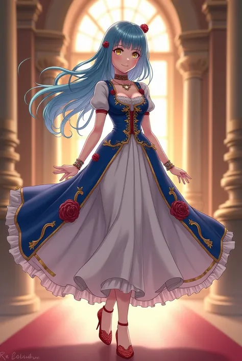 An anime girl with long blue hair, red highlights, yellow eyes, wearing a beauty dress, a long skirt, a blue waistcoat adorned with golden roses, with a large bust, wearing diamond-red high heels, is walking in a castle.