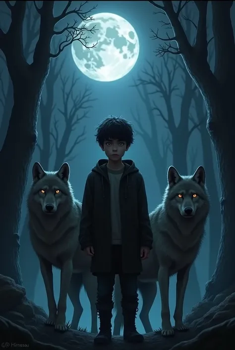 Alyan name boy and 2 wolf is left and right side of boy In dark night 