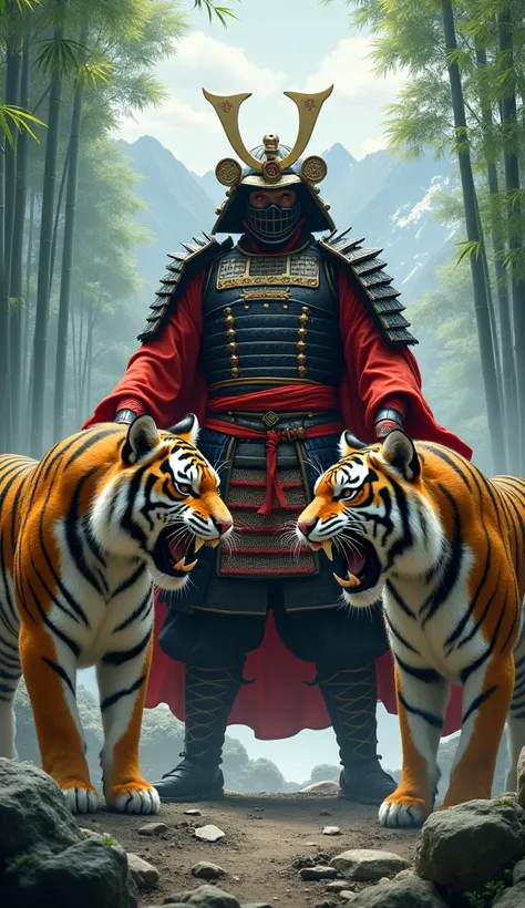 Japanese warrior in samurai costume coming next to two saber tooth tigers in beautiful Asian scenery