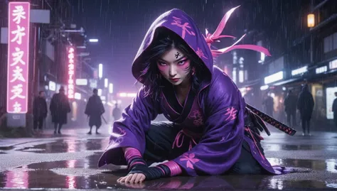 8k,masterpiece,best quality,when no one is around,a female ninja wearing a stylish and cute ninja hoodie geisha style showing of...