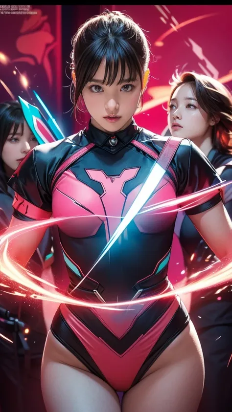 Alone,  pretty girl , Very short bob hair, ( brave and brave images of a team of 6 rangers :1.3), ((pink)),  dynamic pose in a background that exudes energy and courage, neon, plasma, fluorescence, shocking, pinkの跳ねる, Combat pose,  Action Poses ,  embodies...