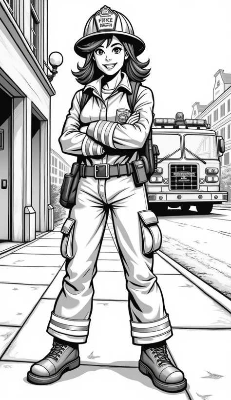  black and white drawing to color, A male firefighter ,  shes smiling and with her arms crossed , Shes on the sidewalk.  Theres a fire station in the back and inside theres a Pierce fire truck. ((comic drawing)), ((White drawing)).