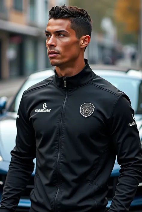 Ronaldo wear black porsche racing jacket and ride the porsche car