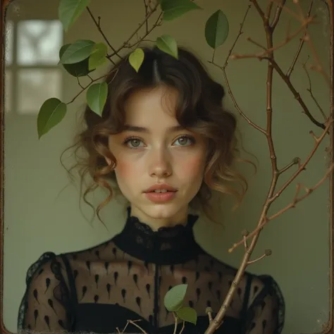 Surreal portrait, vintage aesthetic, dreamy atmosphere with muted tones of brown, green and beige. The scene is softly covered by thin intertwined branches with green leaves reflected on the glass and casting shadows on the face of a woman standing behind ...