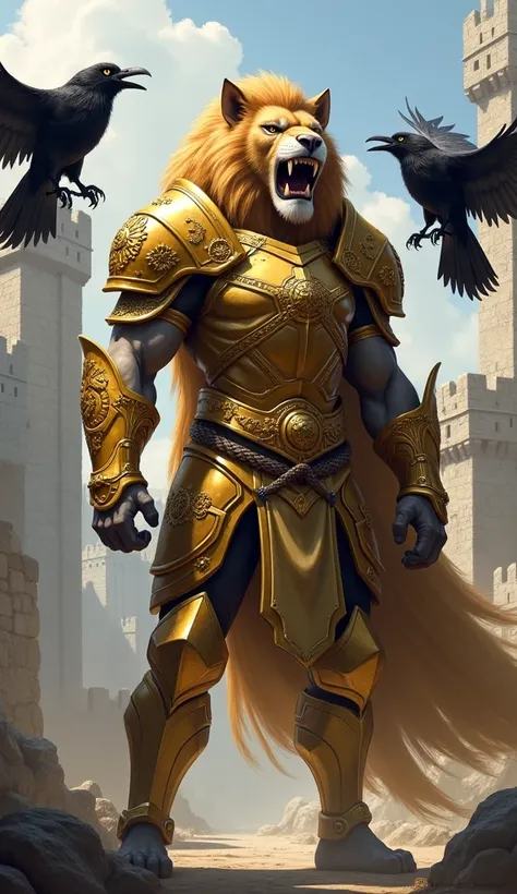 generate robust lion-headed warrior lycanthrope with shiny golden robust armor in medieval setting with two mascot ravens coming towards you