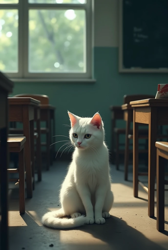 A very sad white cat in a classroom 