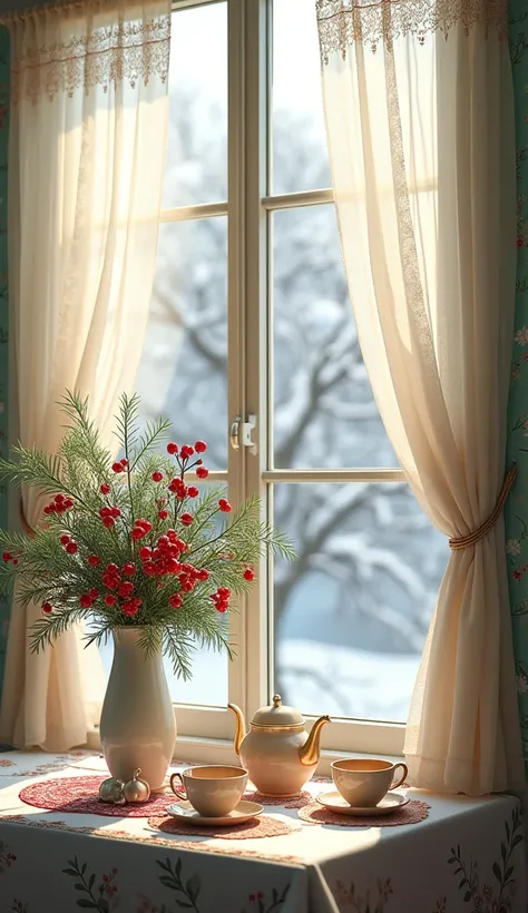 large window,  outside the window is a rowan tree with clusters of red berries , covered with frost ,  on the window there is a beautiful white tulle with small green flowers,  near the window there is a table ,  on a shaka table with tea ,  a vase with a ...