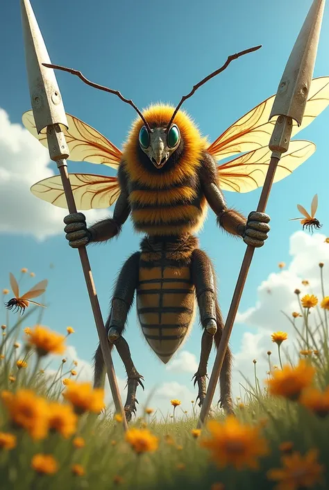 Bee warrior holding double spear 
