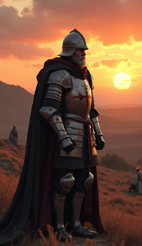  Create a very realistic knight with armor from the Crusades ,  on a very large battlefield he is wearing armor with reflections, He is standing in the middle of that field watching the sunset  