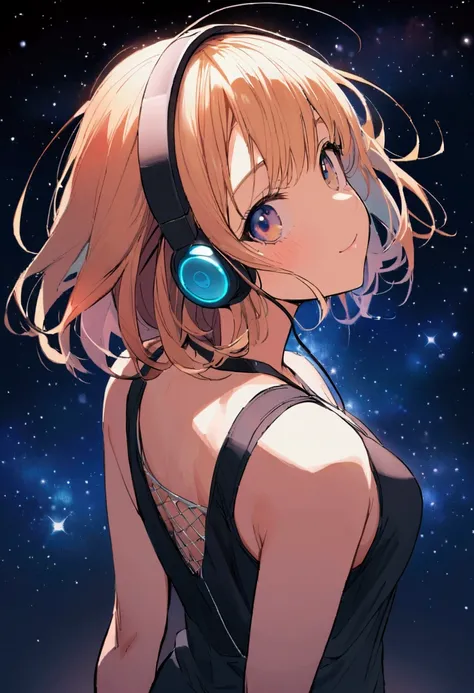 ヒップホップを賞賛する 　 girl looking back and looking up at summer starry sky admiring hip-hop　Earphones　