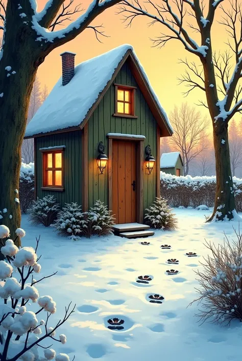  Une case de bd, de type bd belge décrivant une petit cabane pour enfant, en bois,  dans un jardin enneigé , avec des pas dans la neige. La cabane est un peu en hauteur dans un arbre, le soir. 