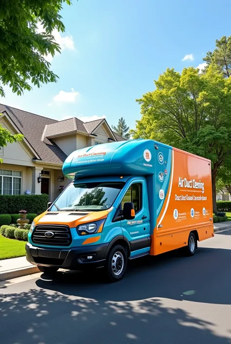 "Create an image of a professional duct cleaning truck, featuring a sleek, modern van with a bright color scheme and bold Air Duct Cleaning branding on the sides. The truck is equipped with visible high-tech duct cleaning tools like a large vacuum system, ...